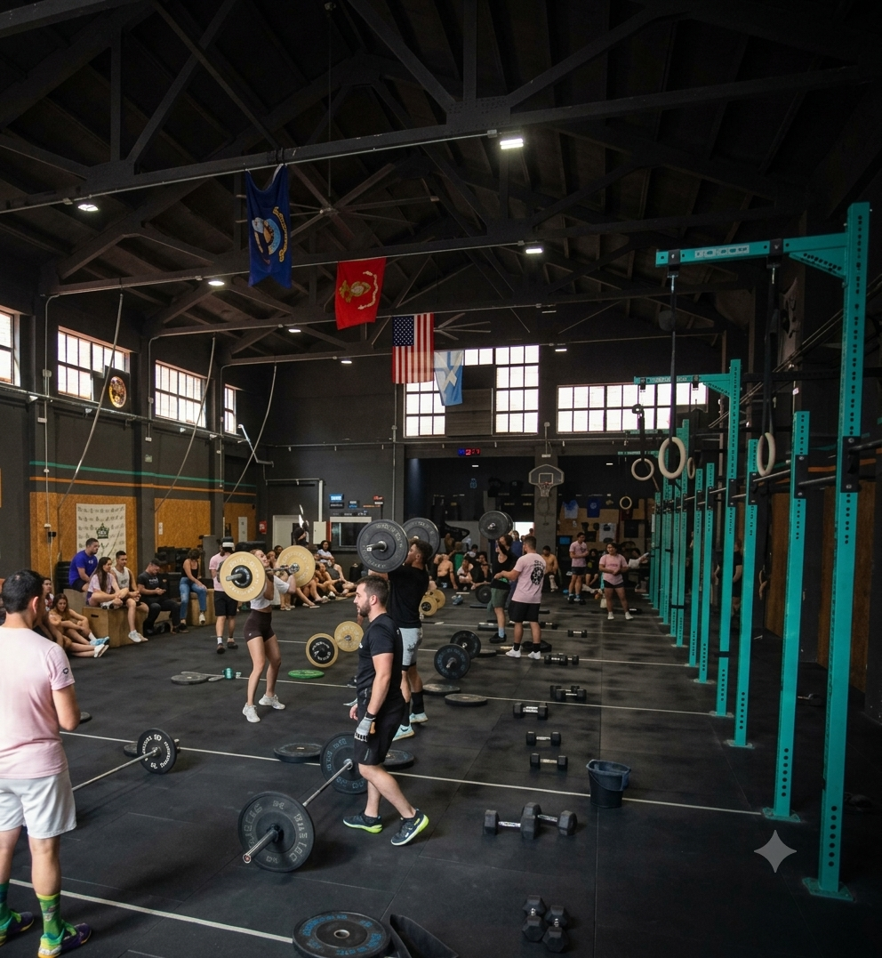 Clase de crossfit en el box con atletas levantando barras
