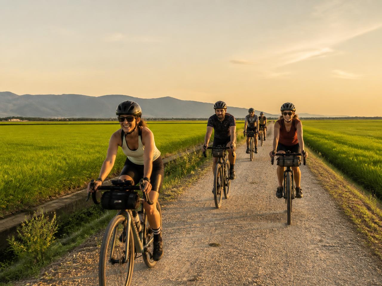 Grupo pedaleando entre arrozales del Delta