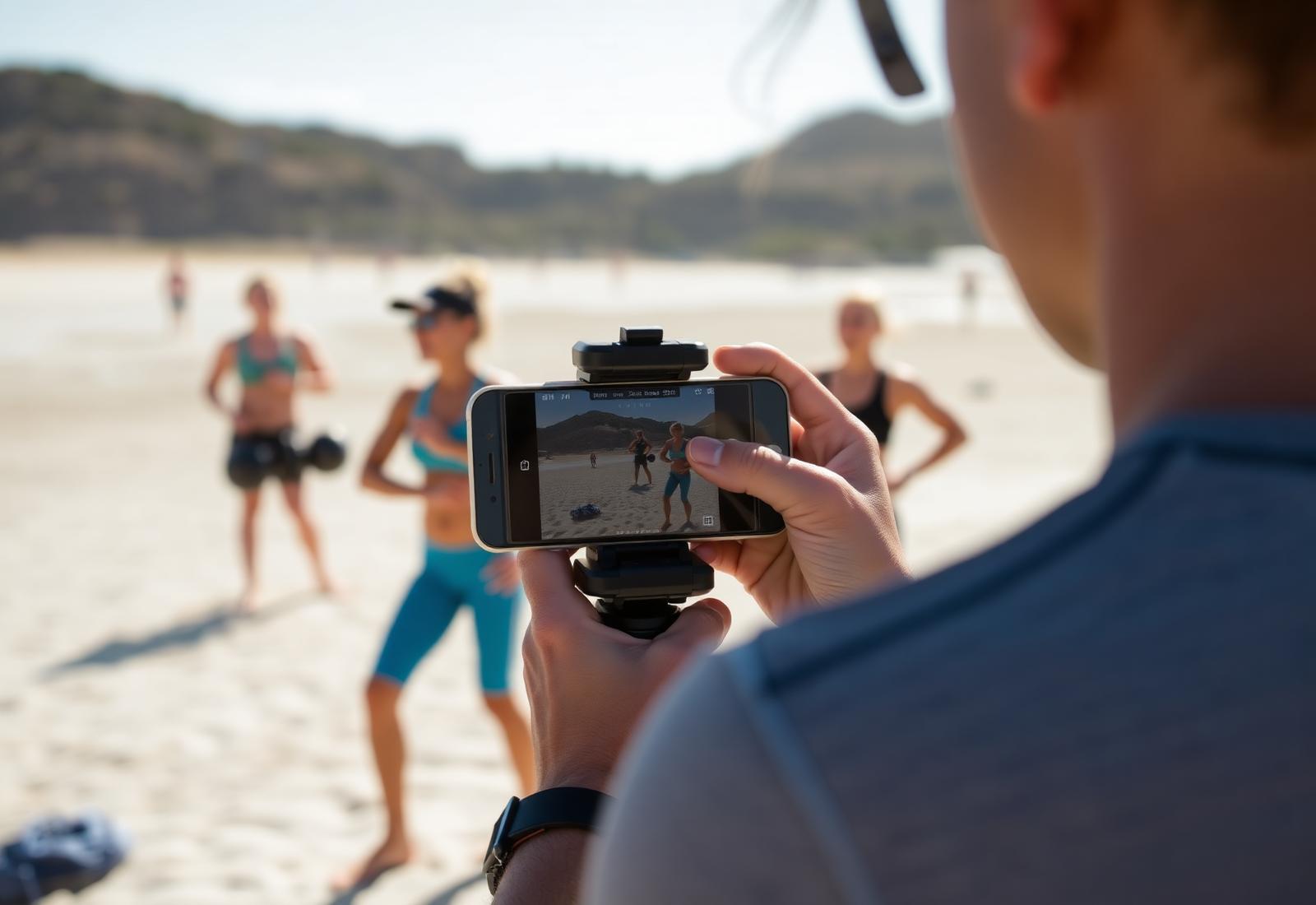 Creando contenido durante un entrenamiento en la playa