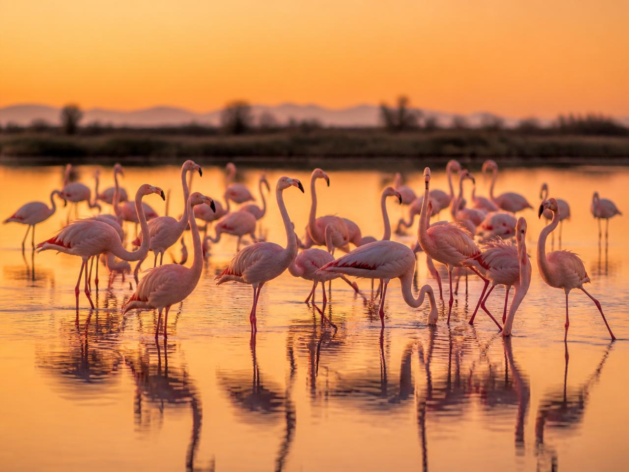 Bandada de flamencos en las lagunas del Delta