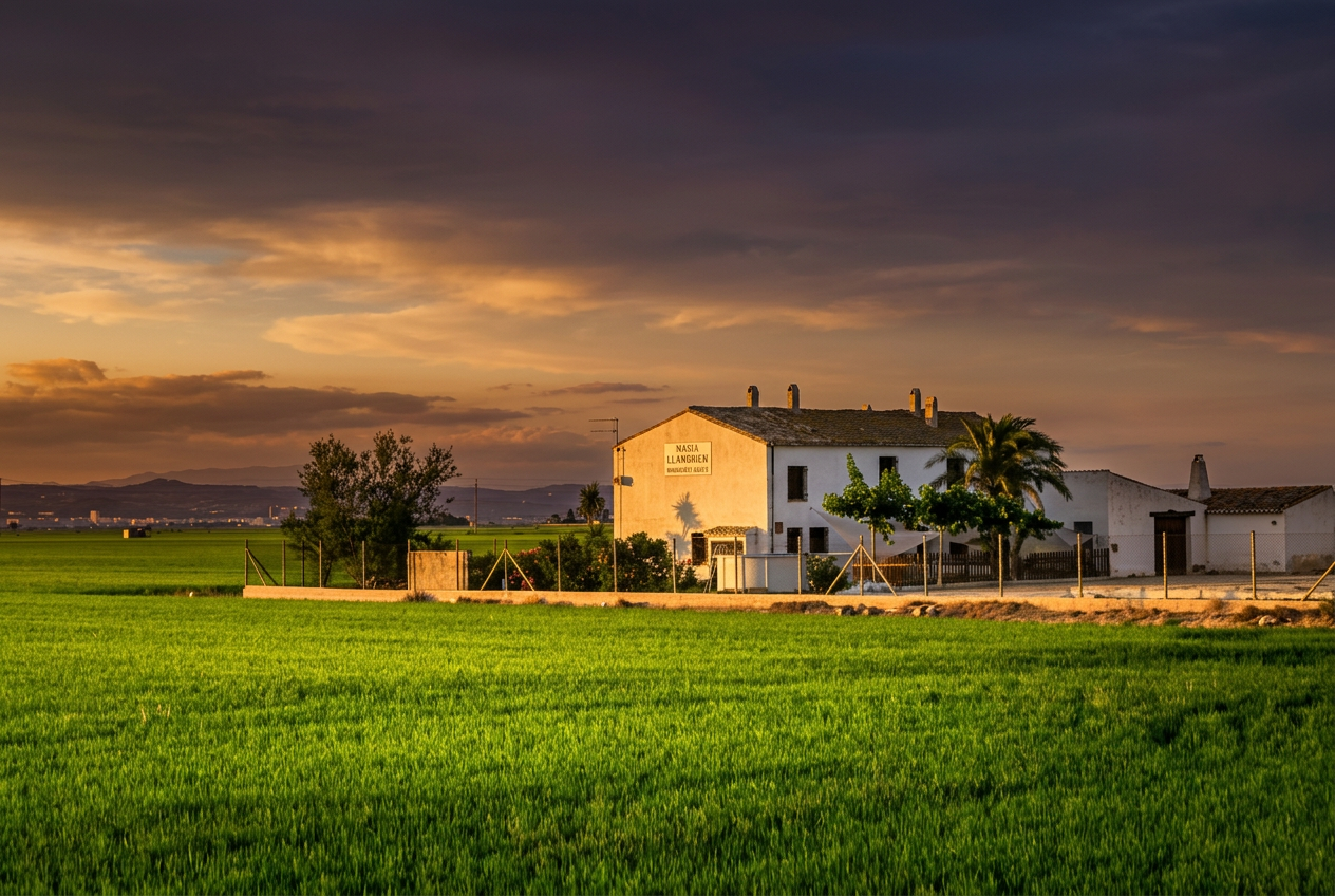 Masía blanca del Delta entre arrozales al atardecer