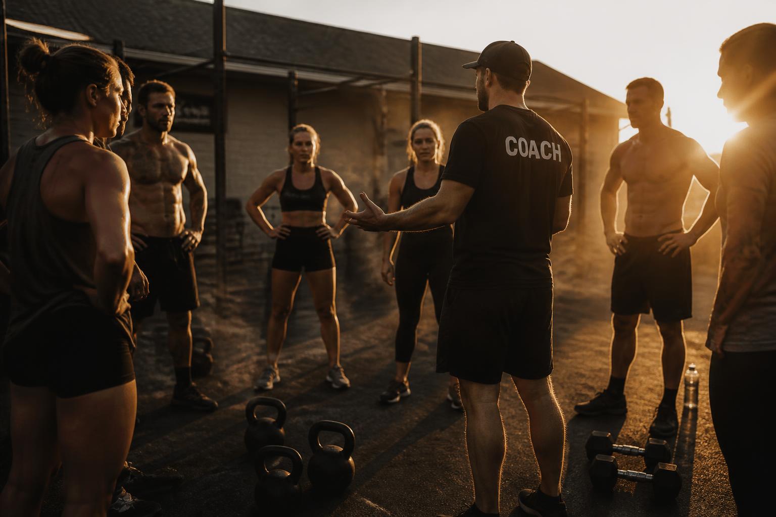 Grupo entrenando junto al coach en una sesión de crossfit al atardecer
