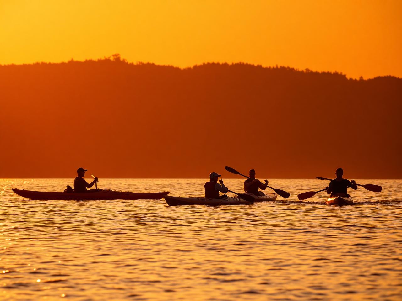 Kayaks en el agua del Delta al amanecer